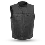 Club Style Vest w/Two Concealed Carry pockets w/ bullet snaps - HighvestFIM638CPM | 1.3-1.4mm Platinum Cowhide  Club style w/ covered snaps and cropped center zipper  Two buttoned chest pockets and two buttoned slash pockets  Two concealed carry pockets w/ bullet snaps and tapered holsters (quick access on left hand side)  Interior cellphone pocket on left side  Single back panel  Mesh lining w/ easy access panels for patches and embroideries  Blacked-out zippers and hardware  YKK zippers 