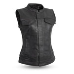 Womens Leather club style vest with two front button pockets.