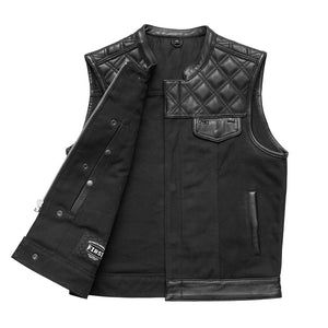 FIRSTMFG- HUNT CLUB  Men's Motorcycle Black Leather & Canvas Vest