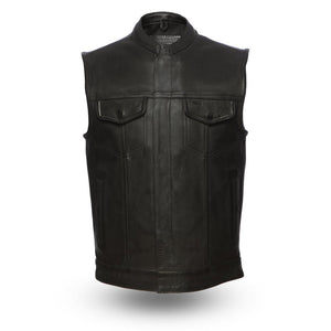 1.3-1.4 mm Platinum Cowhide Club style w/ banded collar - HOTSHOT - FIM686CPM | 1.3-1.4mm Platinum Cowhide  Club style w/ banded collar, covered snaps and cropped center zipper  Two buttoned chest pockets and two buttoned slash pockets  Two concealed carry pockets w/ bullet snaps and tapered holsters (quick access on left hand side)  Interior cellphone pocket on left side  Single back panel  Mesh lining w/ easy access panels for patches and embroideries  Blacked-out zippers and hardware  YKK zippers