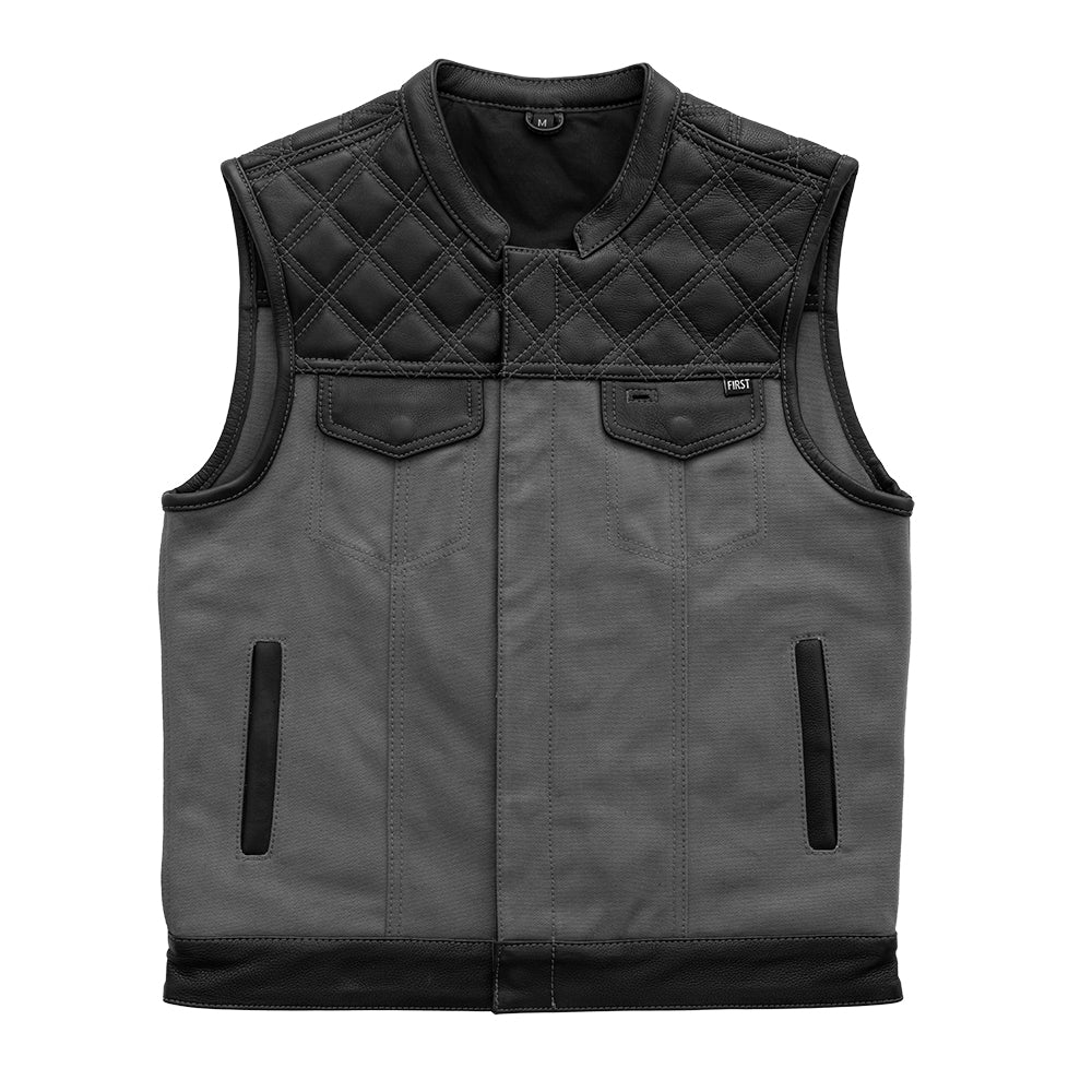 FIRSTMFG- Hunt Club Black/ Grey Men's Motorcycle Leather Canvas Vest-
