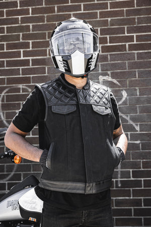 FIRSTMFG- HUNT CLUB  Men's Motorcycle Black Leather & Canvas Vest