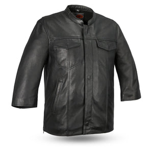 3/4 sleeve leather riding shirt - CRUISER -﻿FIM419CDM | .08-.09mm Sheep Diamond  Scooter style w/ banded collar, covered snaps cropped and center zipper  Two buttoned chest pockets and two zippered slash pockets  Two conceal carry pockets w/ tapered holsters (quick access on left hand side) Side relief zippers  Action back  Western style back  Mesh lining 